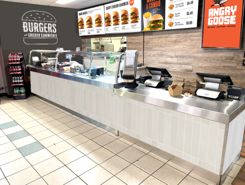 Wide shot of the Angry Goose eatery.