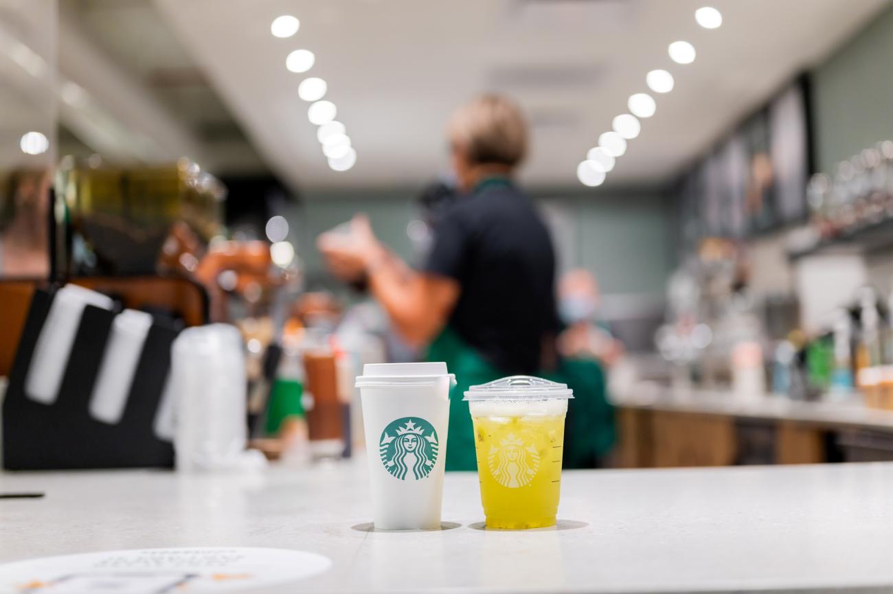 Hot and cold drink waiting for pickup at Lower Starbucks