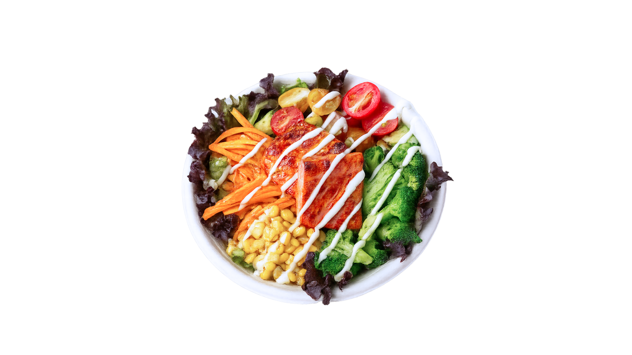 A photo of a finished bowl with salmon, dressing and toppings.