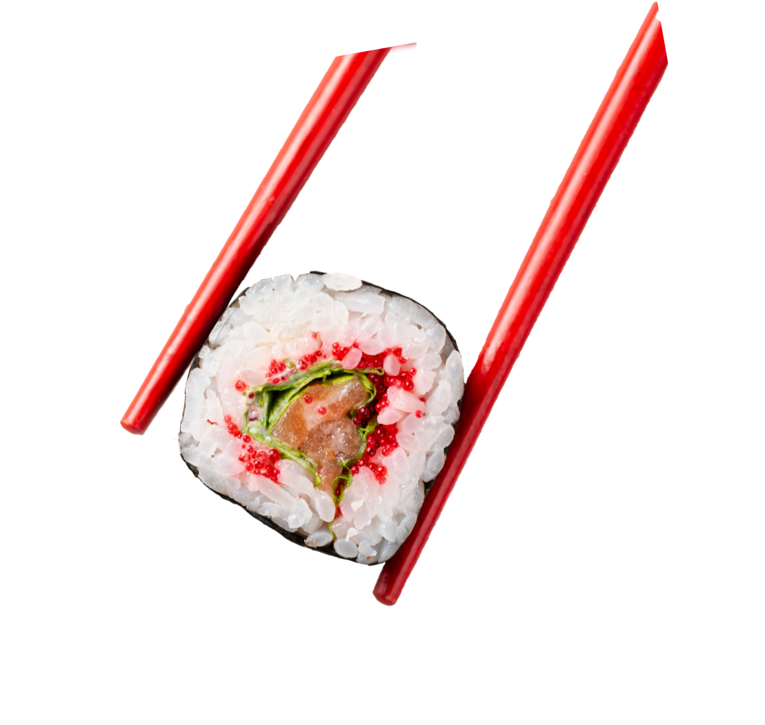 A sushi roll being held by chopsticks